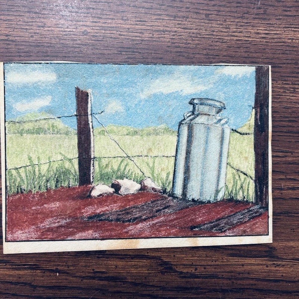 Vintage Original Folk Art Pastel Drawing milk Can Landscape 4x6
